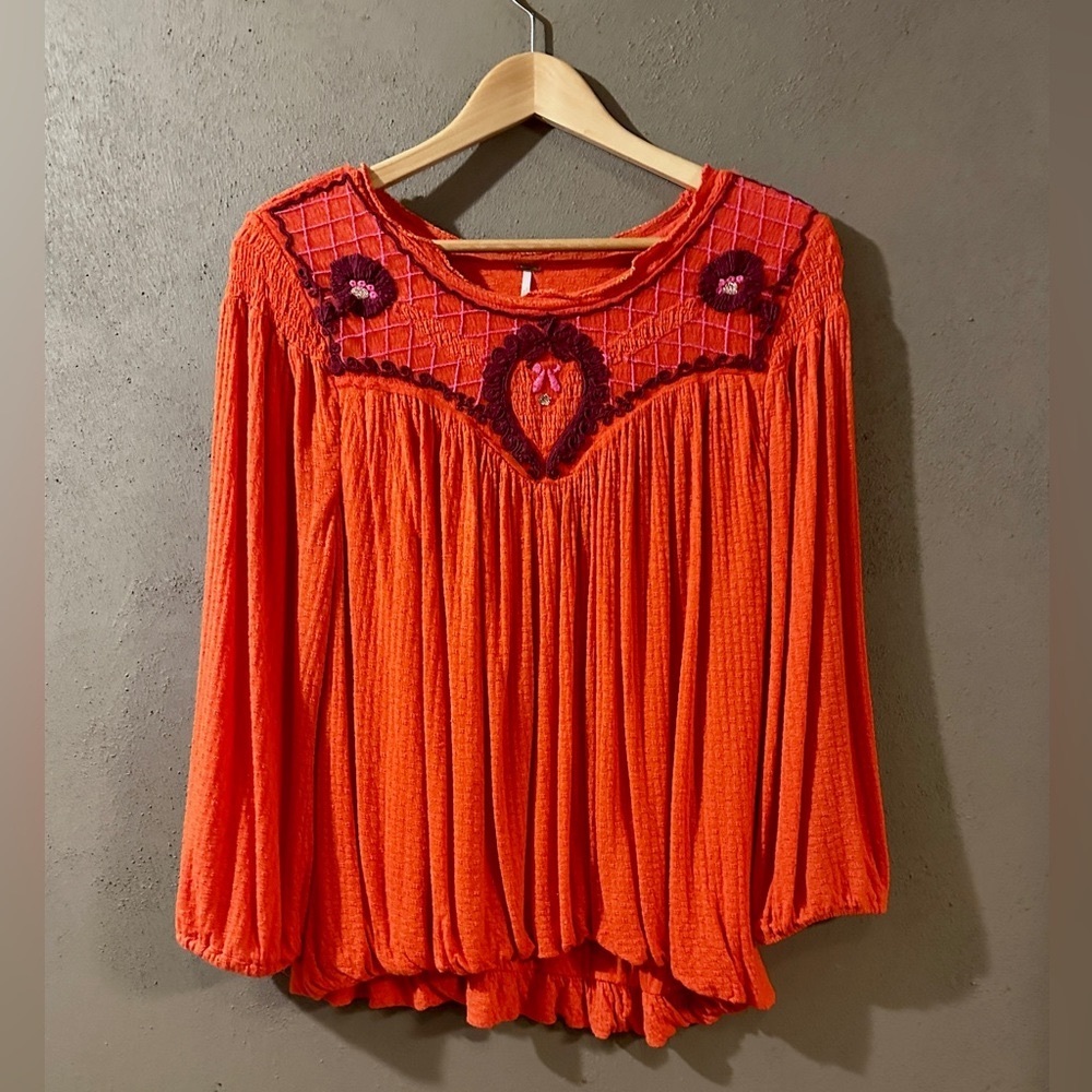FREE PEOPLE BEGONIA Orange Embroidered Top